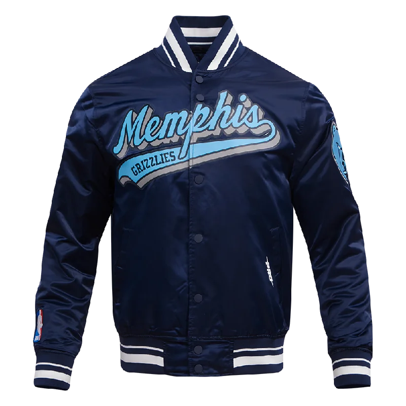 men's varsity jackets for winter -NBA MEMPHIS GRIZZLIES SCRIPT TAIL MEN'S RIB SATIN JACKET (MIDNIGHT NAVY)