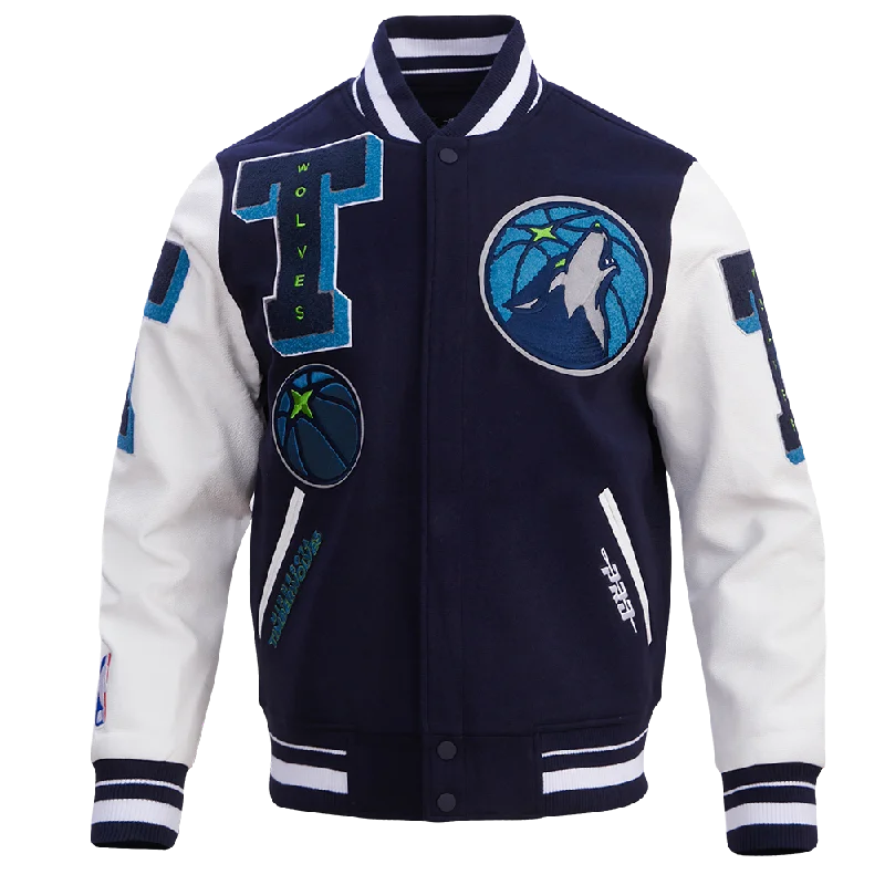 men's denim jackets -NBA MINNESOTA TIMBERWOLVES MASHUP MEN'S RIB WOOL VARSITY JACKET (MIDNIGHT NAVY/WHITE)