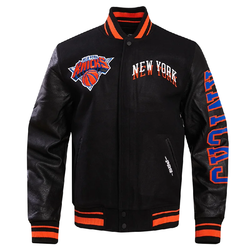 men's military jackets -NBA NEW YORK KNICKS CHEST MEN'S LAYERED RIB WOOL VARSITY JACKET (BLACK/ORANGE)