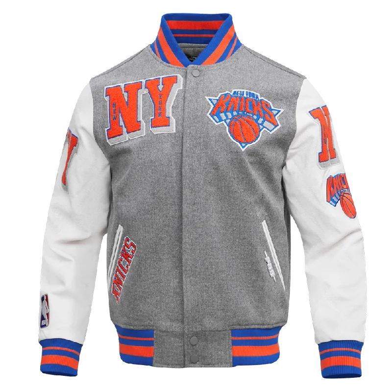 men's varsity jackets -NBA NEW YORK KNICKS MASHUP MEN'S RIB WOOL VARSITY JACKET (HEATHER GREY/ROYAL/ORANGE)