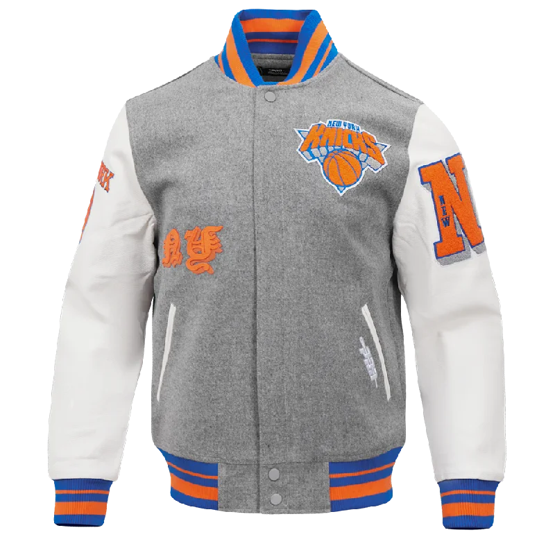 men's hiking jackets -NBA NEW YORK KNICKS OLD ENGLISH MEN'S RIB WOOL VARSITY JACKET (HEATHER GREY/ROYAL/ORANGE)