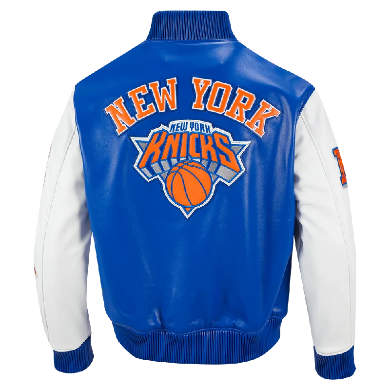 men's puffer jackets -NBA NEW YORK KNICKS CITY SIGNATURE MEN'S LEATHER VARSITY JACKET (ROYAL BLUE/WHITE)