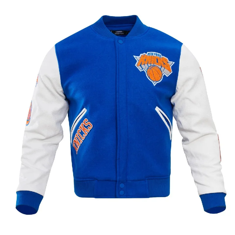 men's coat jackets for fall -NBA NEW YORK KNICKS CLASSIC WOOL MEN'S VARSITY JACKET (ROYAL/WHITE)