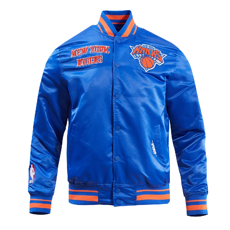 men's coat jackets -NBA NEW YORK KNICKS RETRO CLASSIC MEN'S RIB SATIN JACKET (ROYAL BLUE/ORANGE)