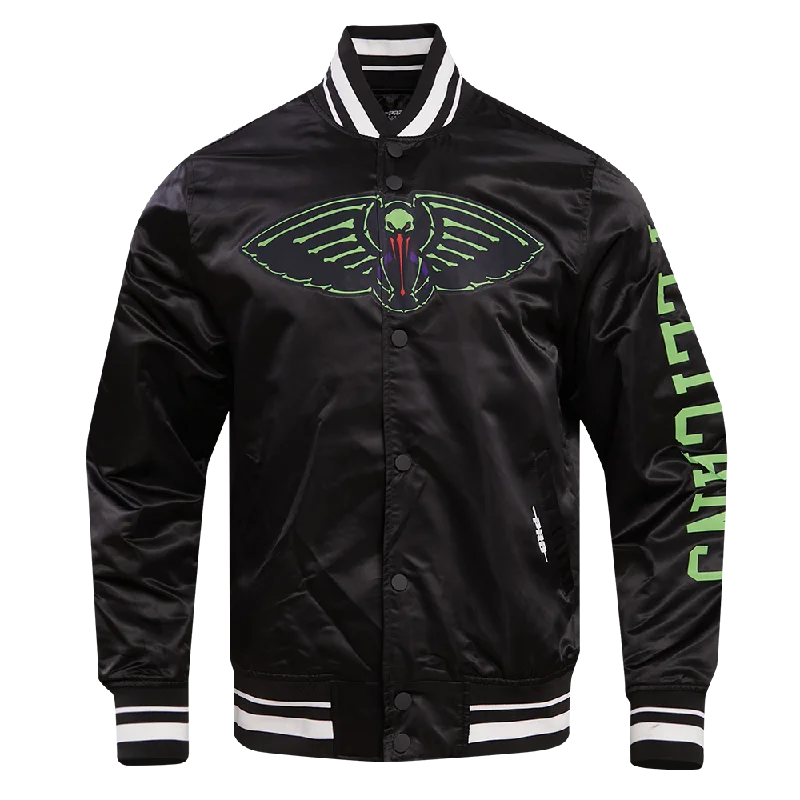 men's leather jackets -NBA NEW ORLEANS PELICANS MARDI GRAS MEN'S CHEST RIB SATIN JACKET (BLACK)