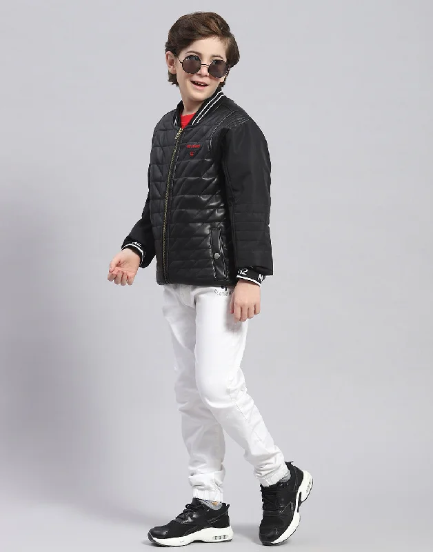 men's performance jackets for running -Boys Black Solid Mandarin Collar Full Sleeve Boys Jacket