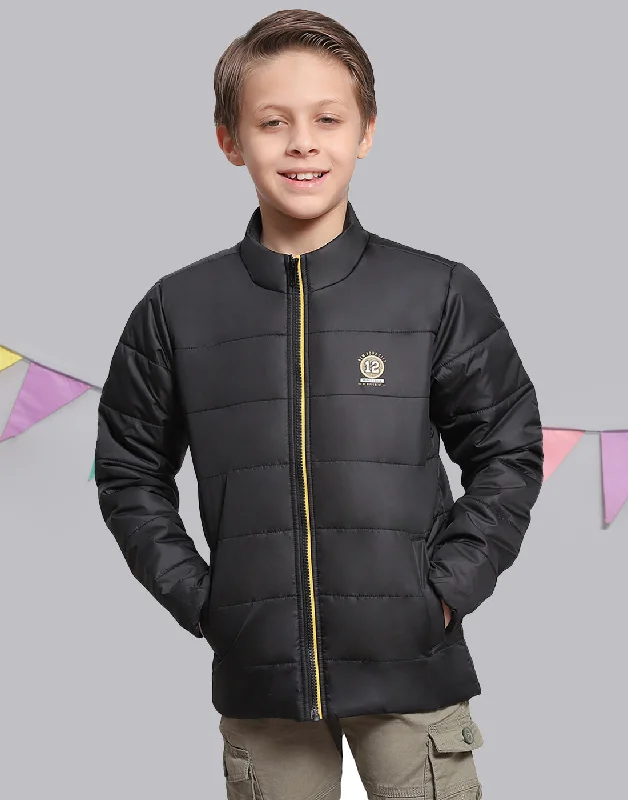 men's button-up jackets -Boys Black Solid Stand Collar Full Sleeve Boys Jacket