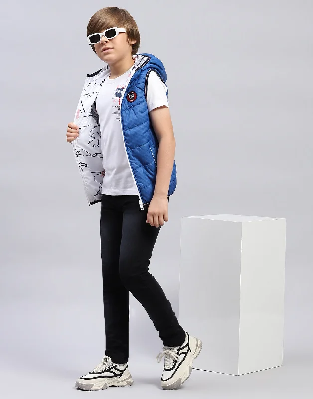 men's casual zip-up jackets -Boys Blue Printed Hooded Sleeveless Jacket