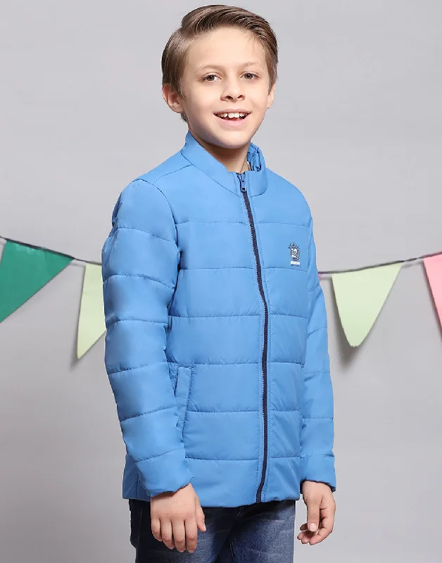 men's modern style jackets -Boys Blue Solid Stand Collar Full Sleeve Boys Jacket