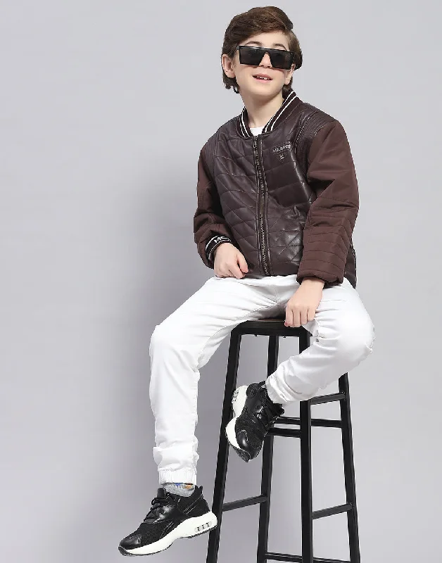 men's long trench jackets -Boys Brown Solid Mandarin Collar Full Sleeve Boys Jacket