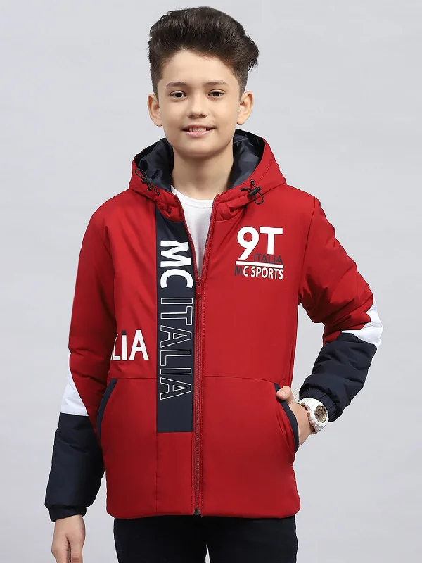 men's designer jackets -Boys Maroon Printed Hooded Full Sleeve Jacket