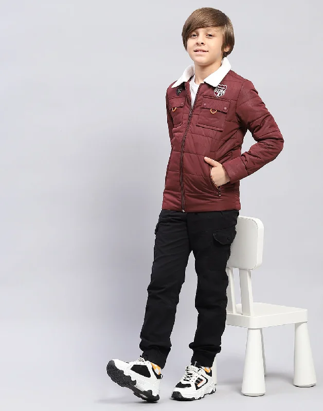 men's fashionable jackets -Boys Maroon Solid Collar Full Sleeve Jacket