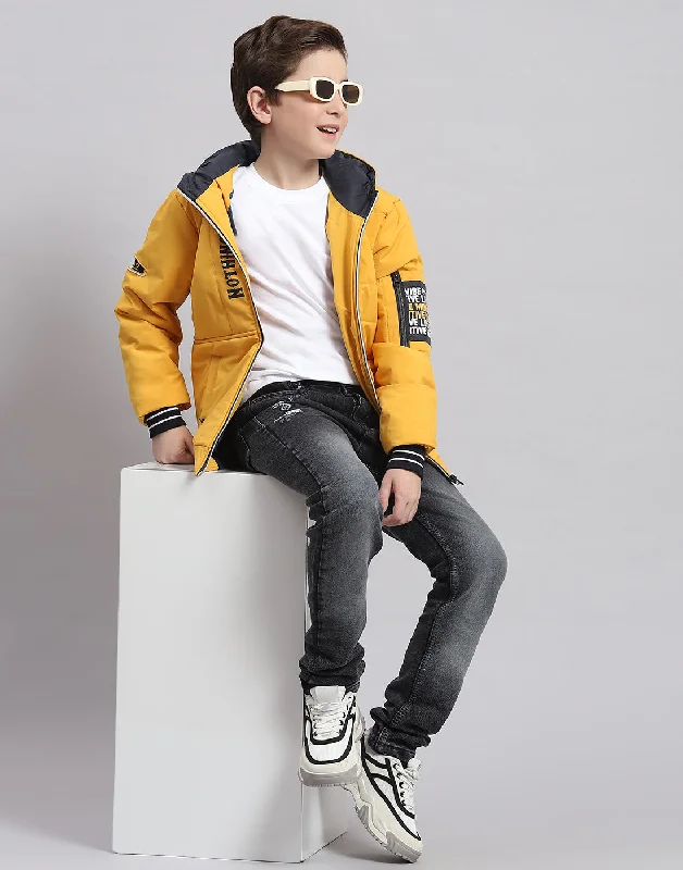 men's lightweight puffer jackets -Boys Mustard Solid Hooded Full Sleeve Boys Jacket