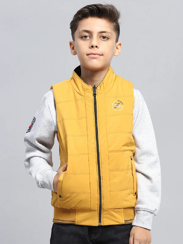 men's fleece-lined jackets -Boys Navy Blue & Mustard Solid Mock Neck Sleeveless Reversible Jacket