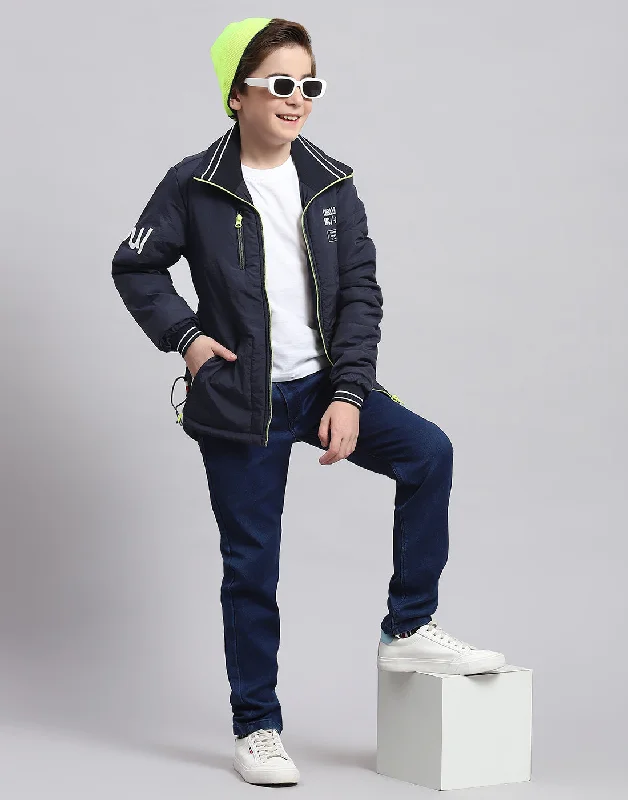 men's casual denim jackets -Boys Navy Blue Printed Collar Full Sleeve Boys Jacket