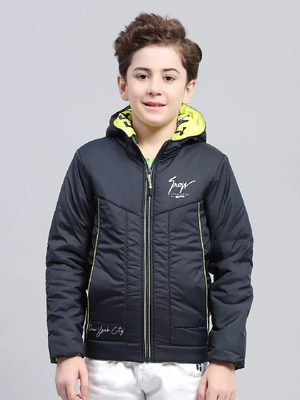 men's insulated jackets for cold weather -Boys Navy Blue Printed Hooded Full Sleeve Jacket