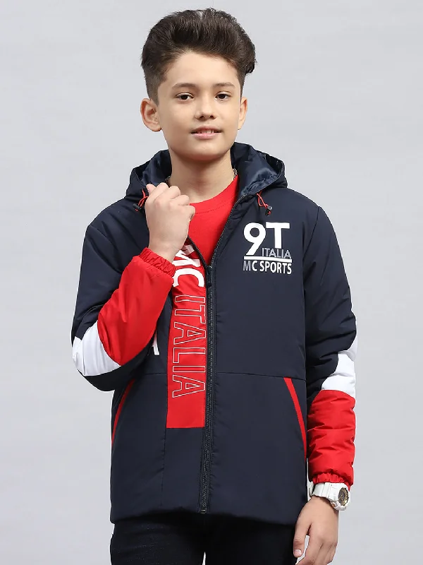 men's full zip jackets -Boys Navy Blue Printed Hooded Full Sleeve Jacket