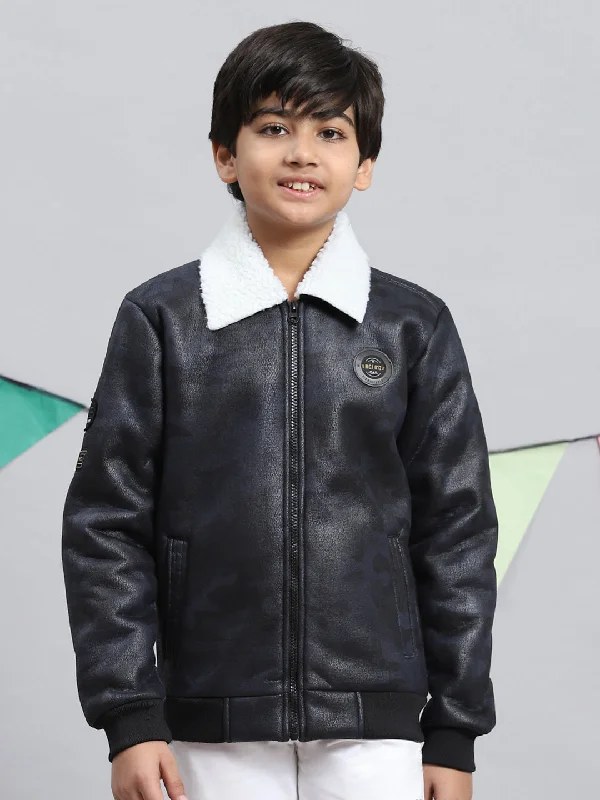 men's jacket with fur collar -Boys Navy Blue Printed Jacket