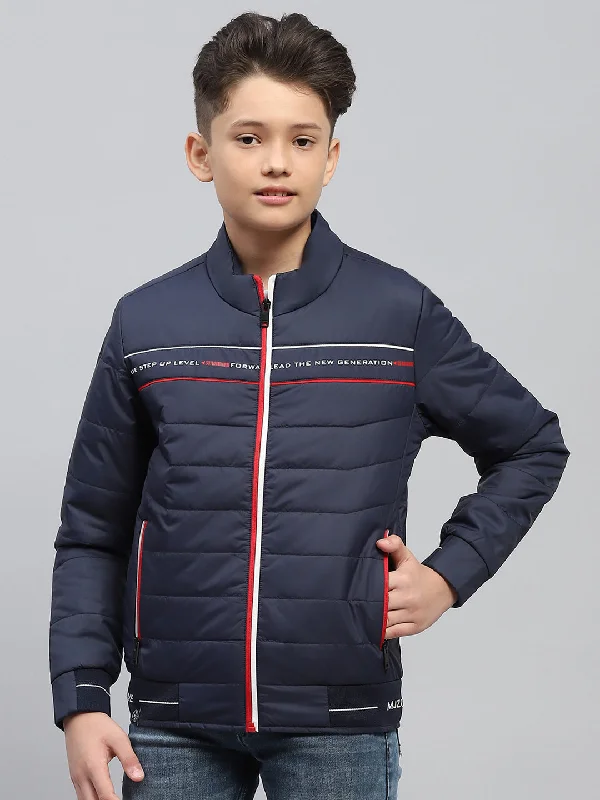 men's quilted jackets -Boys Navy Blue Printed Mock Neck Full Sleeve Jacket