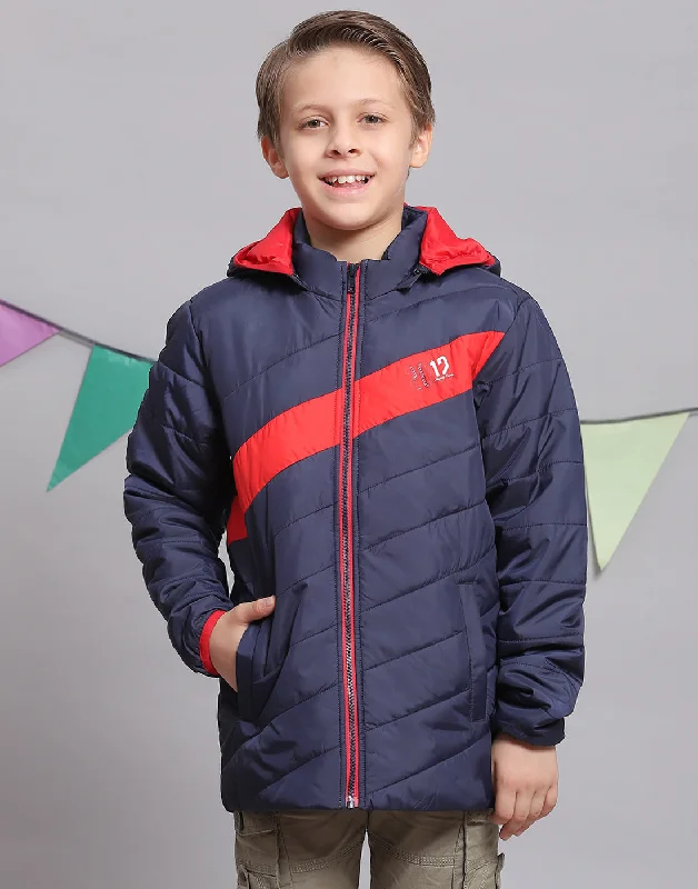 men's thermal jackets -Boys Navy Blue Solid Hooded Full Sleeve Boys Jacket