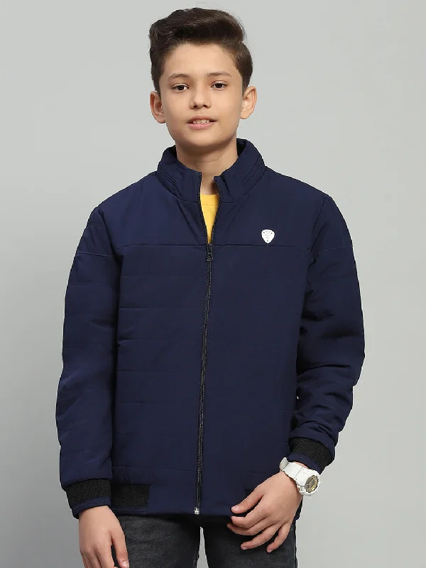 men's stylish jackets -Boys Navy Blue Solid Mock Neck Full Sleeve Jacket