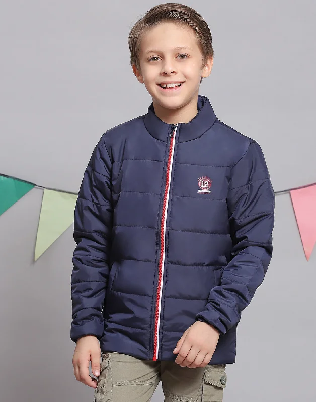 men's denim jacket with hoodie -Boys Navy Blue Solid Stand Collar Full Sleeve Boys Jacket