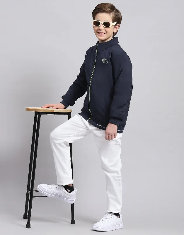 men's double-breasted jackets -Boys Navy Blue Solid Stand Collar Full Sleeve Boys Jacket