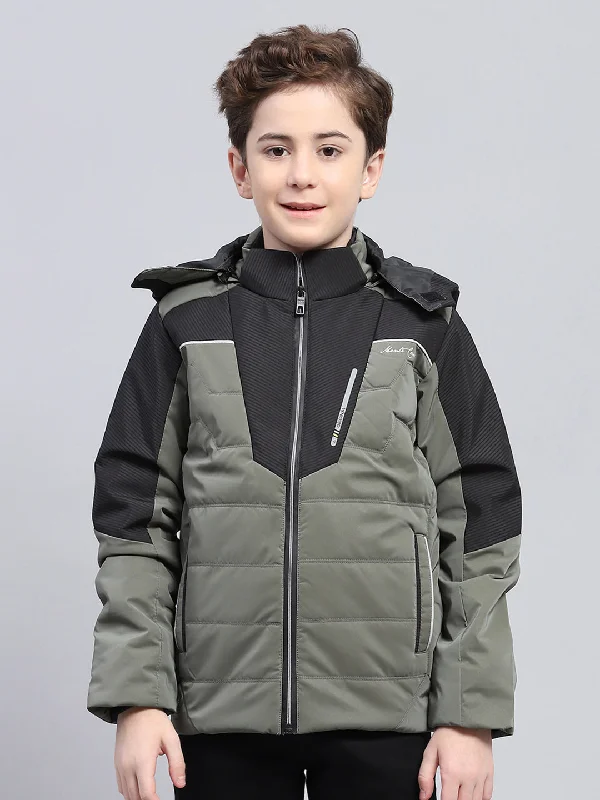 men's utility jackets -Boys Olive Solid Detachable Hood Full Sleeve Jacket