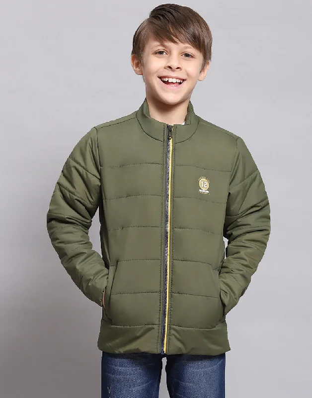 men's waterproof trench jackets -Boys Olive Solid Stand Collar Full Sleeve Boys Jacket