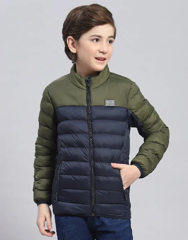 men's sleek jackets -Boys Olive Solid Stand Collar Full Sleeve Boys Jacket