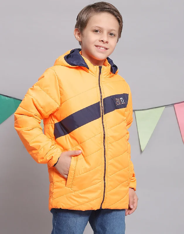 men's jacket for rainy weather -Boys Orange Solid Hooded Full Sleeve Boys Jacket