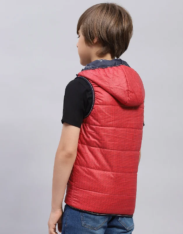 men's zippered jackets -Boys Red Printed Hooded Sleeveless Jacket