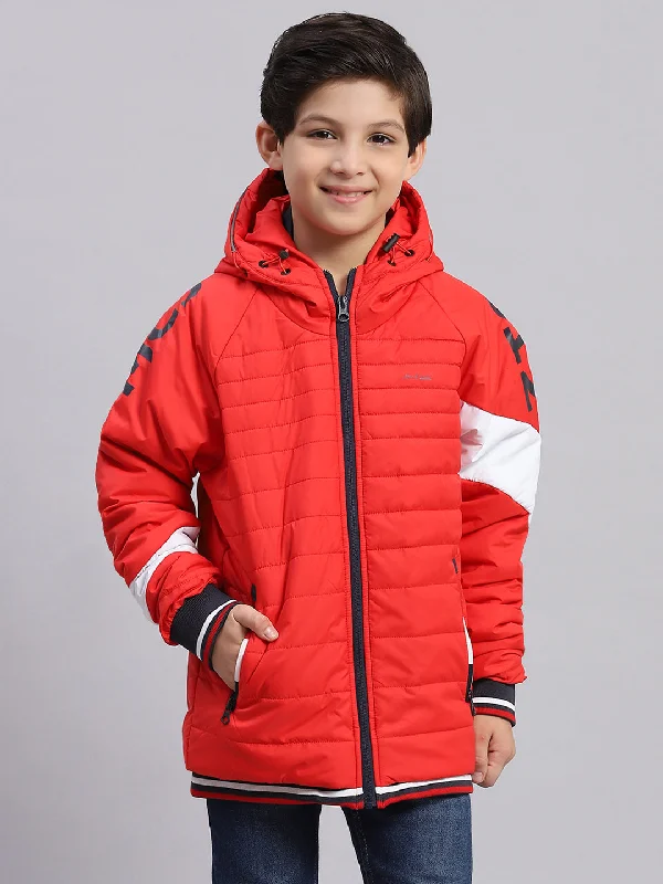 men's cozy jackets -Boys Red Solid Hooded Full Sleeve Boys Jacket