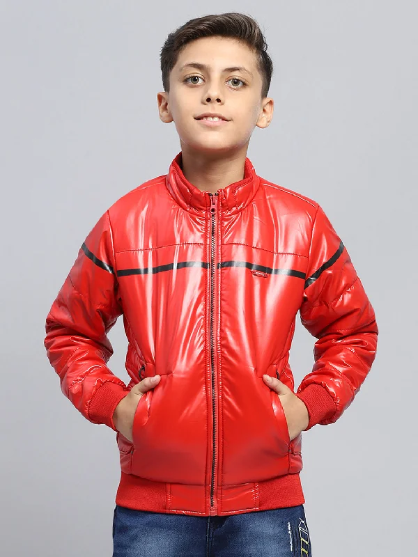 men's checked jackets -Boys Red Solid Mock Neck Full Sleeve Jacket