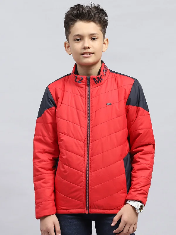 men's winter coat jackets -Boys Red Solid Mock Neck Full Sleeve Jacket