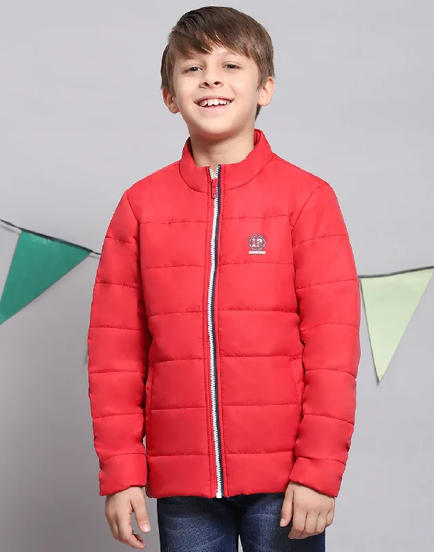 men's fleece jackets for cold weather -Boys Red Solid Stand Collar Full Sleeve Boys Jacket