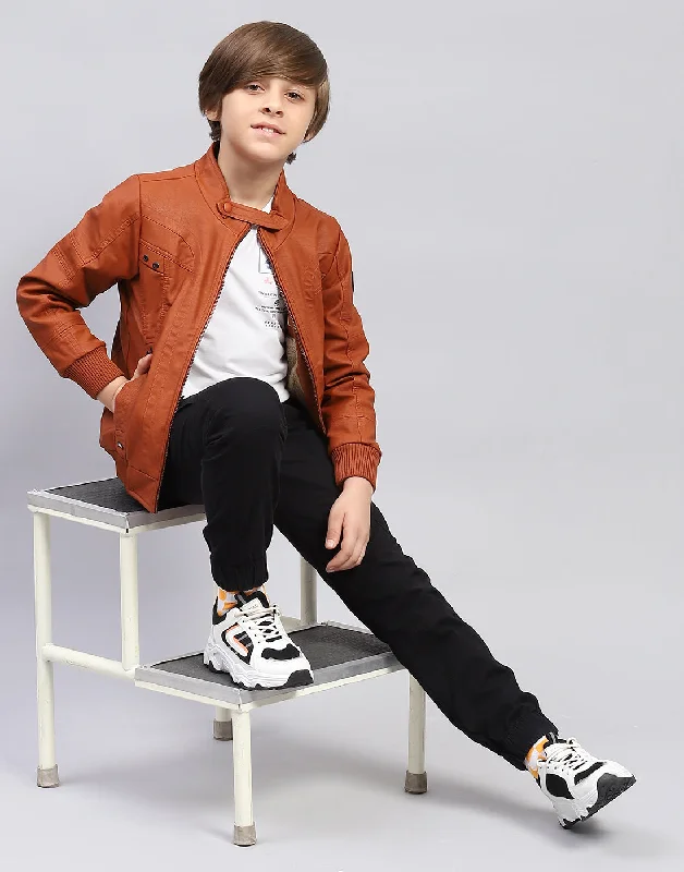 men's black jackets -Boys Rust Self Design Stand Collar Full Sleeve Jacket