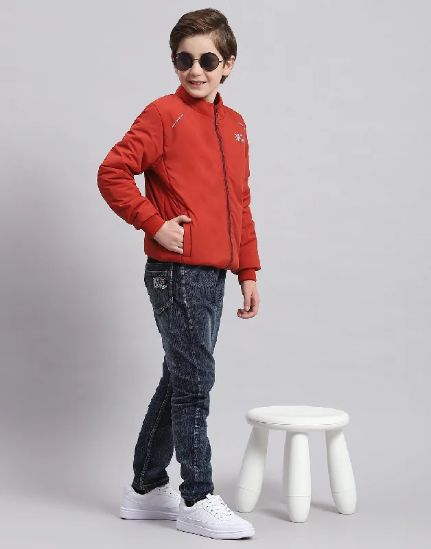 men's hooded jackets -Boys Rust Solid Stand Collar Full Sleeve Boys Jacket