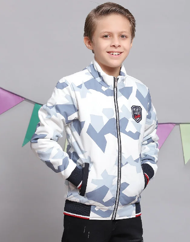 men's coat jackets for fall -Boys White Printed Hooded Full Sleeve Boys Jacket