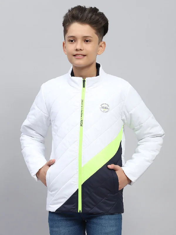 men's smart jackets -Boys White Printed Mock Neck Full Sleeve Jacket