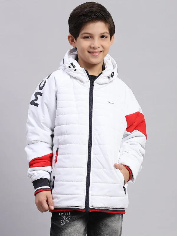 men's zip-up bomber jackets -Boys White Solid Hooded Full Sleeve Boys Jacket