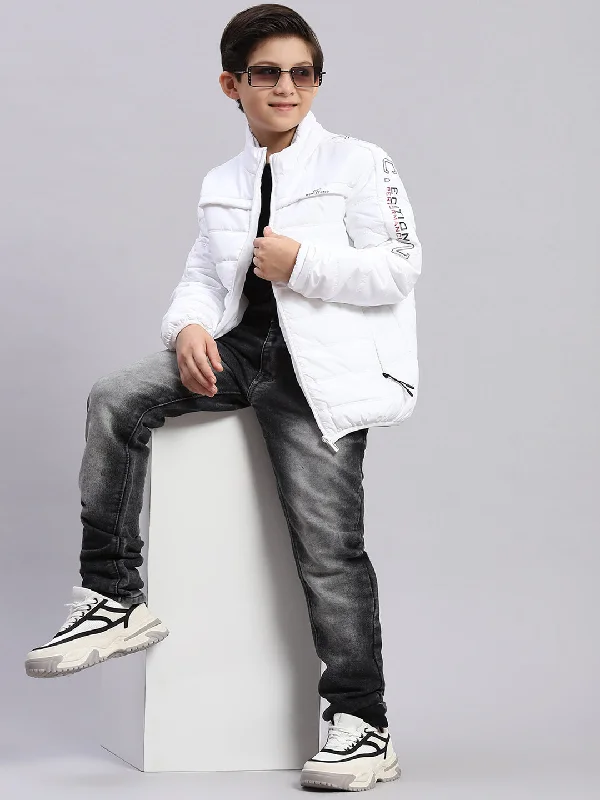 men's warm puffer jackets -Boys White Solid Stand Collar Full Sleeve Boys Jacket