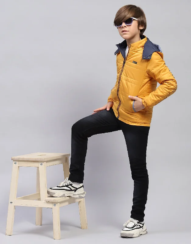 men's heavy-duty jackets -Boys Yellow Solid Hooded Full Sleeve Jacket