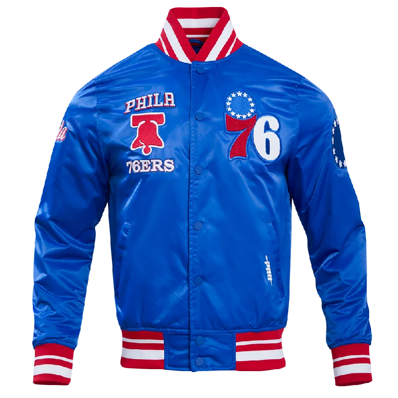 men's minimalist jackets -NBA PHILADELPHIA 76ERS RETRO CLASSIC MEN'S RIB SATIN JACKET (ROYAL BLUE/RED)