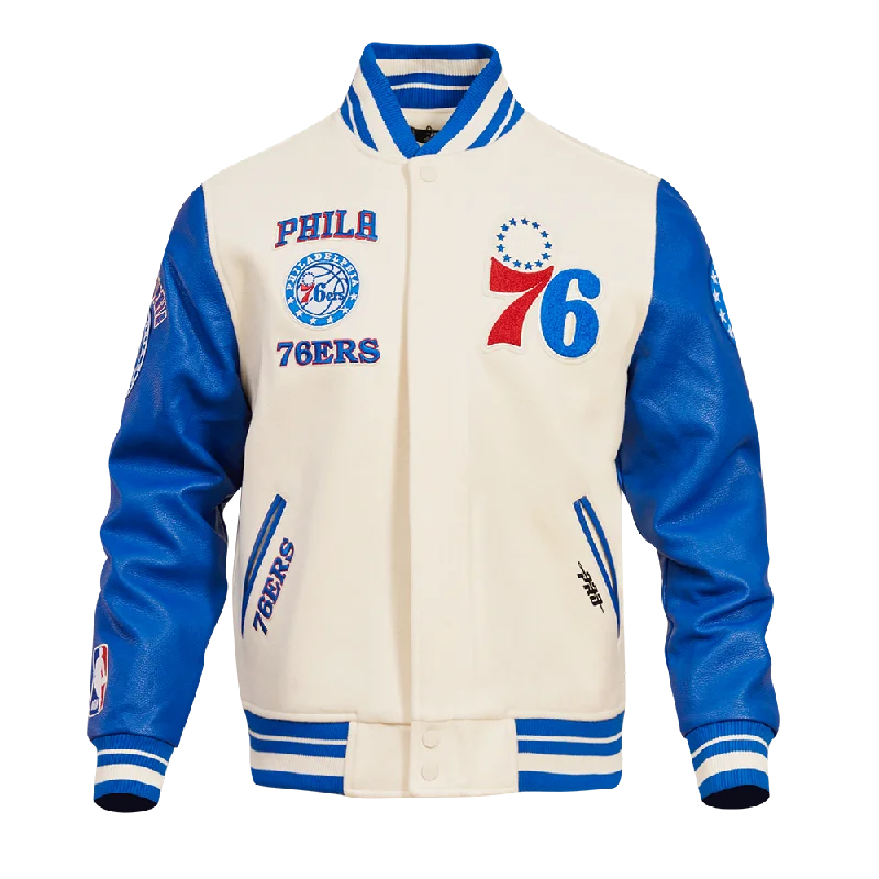 men's trench coats -NBA PHILADELPHIA 76ERS RETRO CLASSIC MEN'S RIB WOOL VARSITY JACKET (EGGSHELL/ ROYAL BLUE)