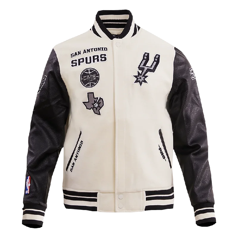 men's sleek leather jackets -NBA SAN ANTONIO SPURS RETRO CLASSIC MEN'S RIB WOOL VARSITY JACKET (EGGSHELL/ BLACK)