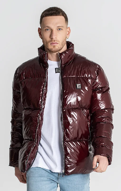 men's bomber jackets for winter -Burgundy Alien Puffer Jacket