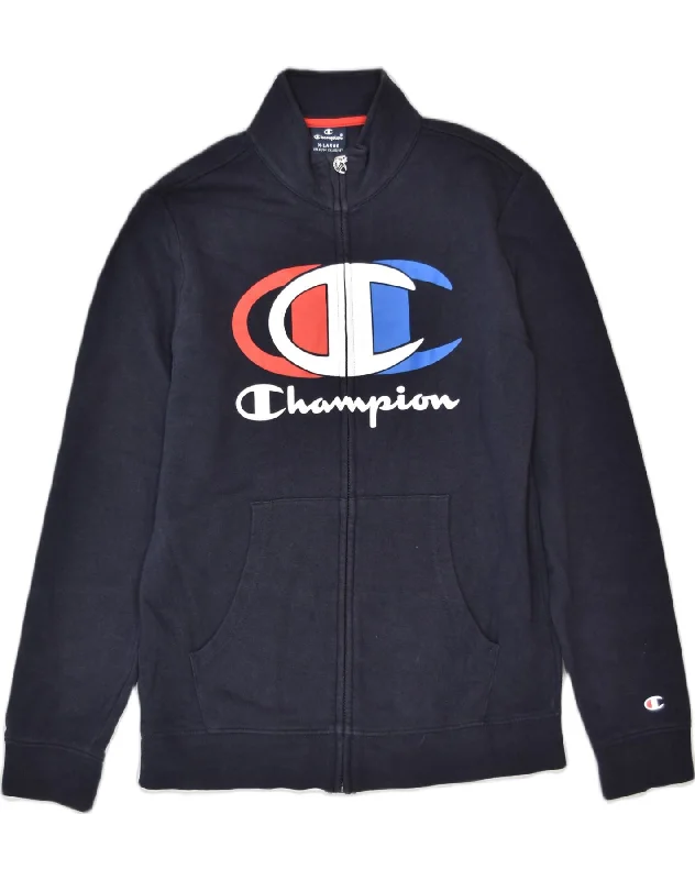 men's hiking jackets -CHAMPION Boys Graphic Tracksuit Top Jacket 13-14 Years XL Navy Blue Cotton