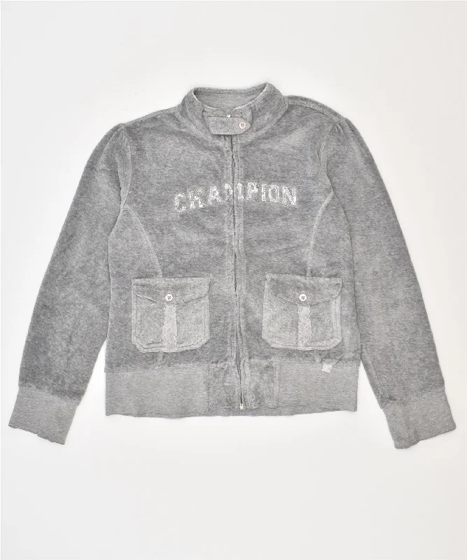 men's denim jacket with hoodie -CHAMPION Girls Tracksuit Top Jacket 9-10 Years Medium Grey Cotton Sports