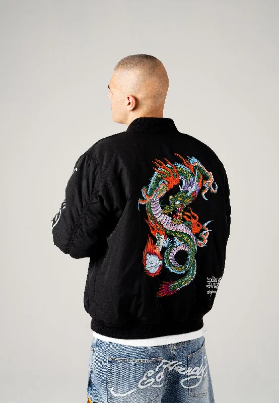 men's light jacket for spring -Mens Dragon-Head-Deh Bomber Jacket - Black